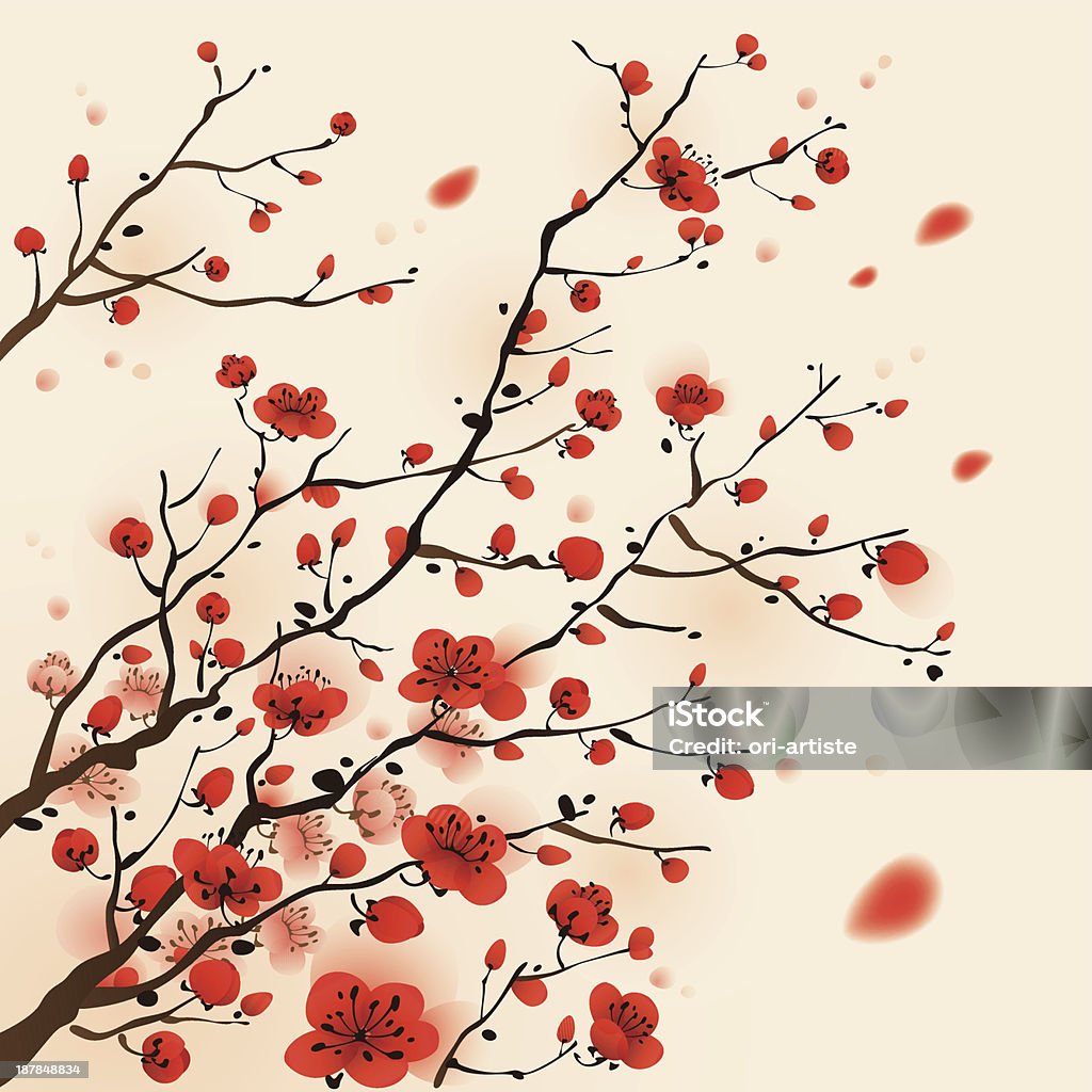 Peinture de style Oriental, Fleur de prunier au printemps - clipart vectoriel de Arbre libre de droits