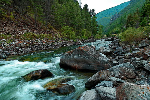 Gallatin River Flows Water making its way downstream over rocks on Gallatin River, Montana big sky ski resort stock pictures, royalty-free photos & images