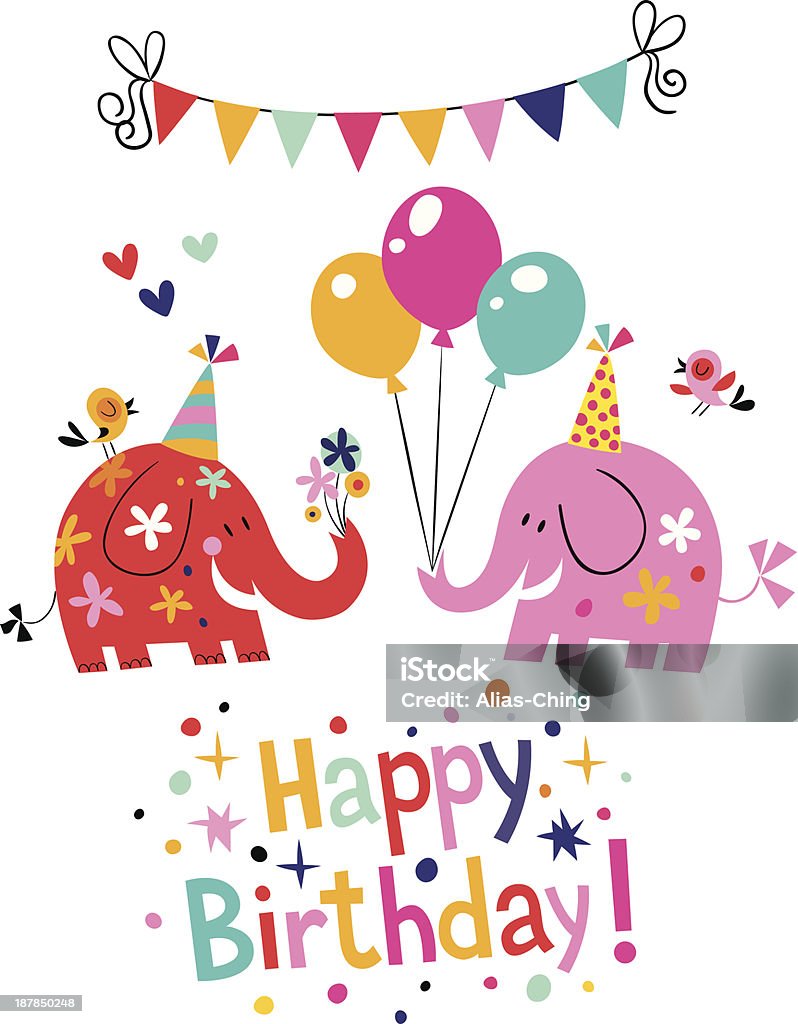 happy birthday card birthday card with cute elephants and birds Balloon stock vector