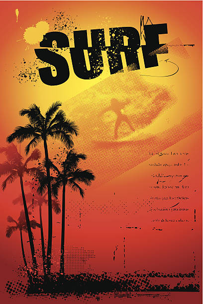 ilustrações de stock, clip art, desenhos animados e ícones de grunge surf poster com palmas das mãos e pôr do sol - adventure australia big wave surfing best in show