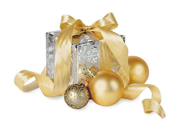 istock gifts box with Christmas balls isolated on white 187852621