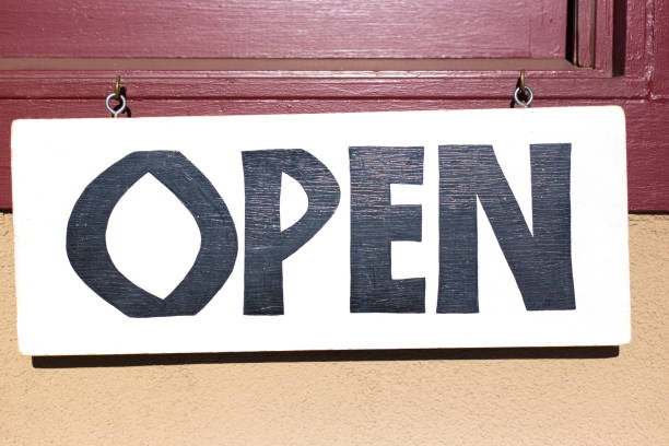 istock Open Sign on Brown Window Close-Up 1878542100