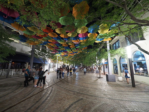Coral Gables, Florida 08-04-2018 Umbrella Sky in Giralda Plaza, a joint art project by the city and the Portuguese company Sextafeira, at night.