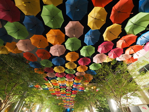 Coral Gables, Florida 08-04-2018 Umbrella Sky in Giralda Plaza, a joint art project by the city and the Portuguese company Sextafeira, at night.