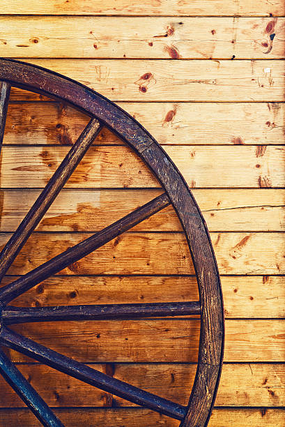 Vintage ship wheel against old turquoise planks