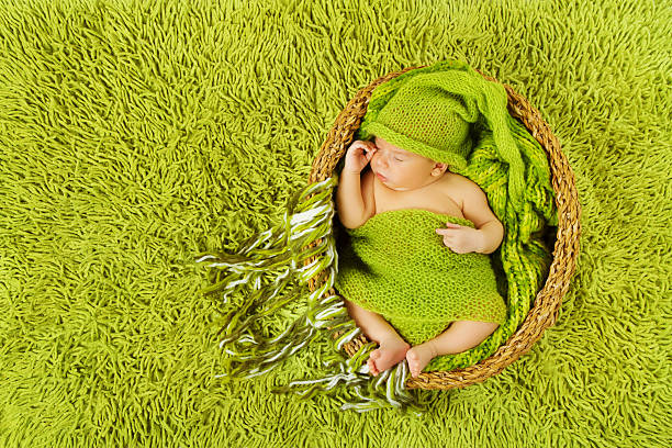 istock Baby newborn sleeping in hat on green carpet 187861582