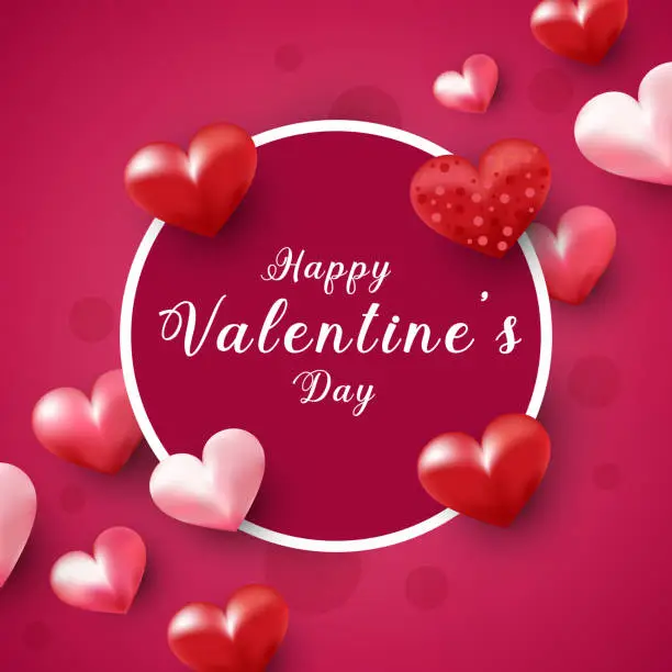 Vector illustration of Happy valentines day pink background with realistic 3d hearts frame design