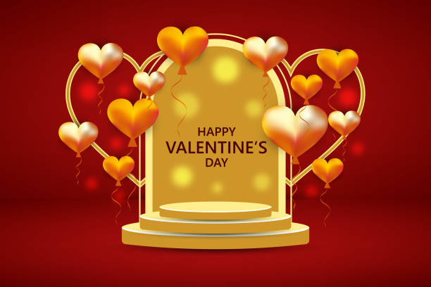 Realistic gold 3D cylinder pedestal podium with floating balloons heart shape Realistic gold 3D cylinder pedestal podium with floating balloons heart shape. Valentine pastel minimal scene for products showcase Valentines Day Images stock illustrations