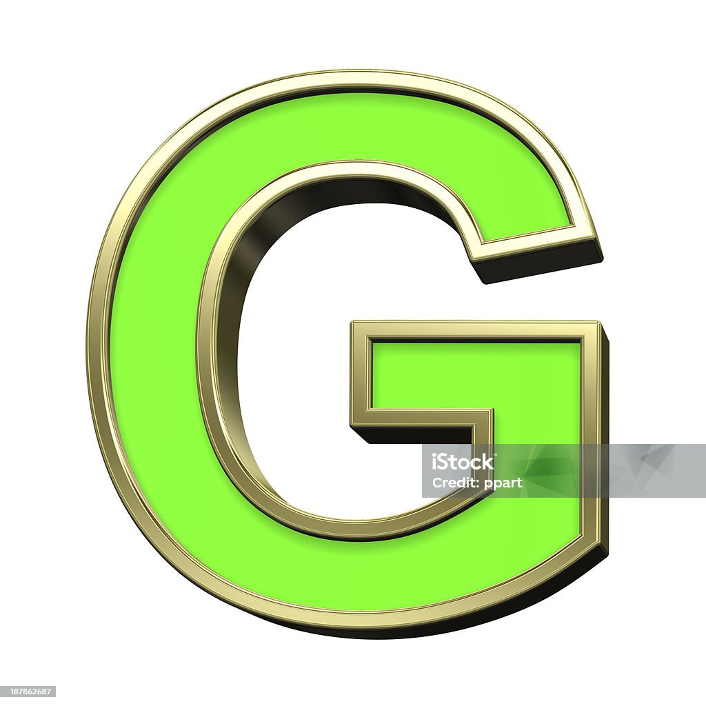 One letter from light green with gold frame alphabet set Computer generated 3D photo rendering. Alphabet Stock Photo