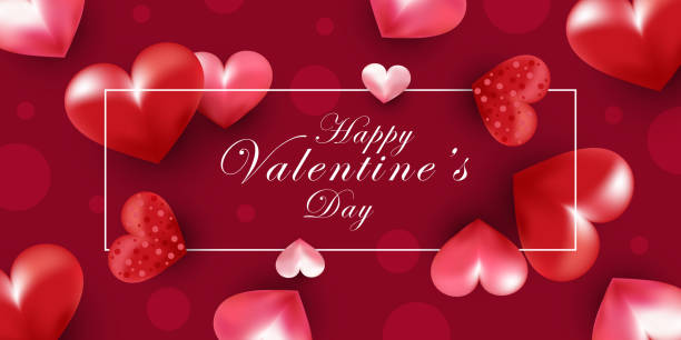 Valentines day 3d hearts. Cute love banner, romantic greeting card happy valentines day wishes text Lovely happy valentines day red background with realistic 3d hearts frame design Valentines Day Images stock illustrations