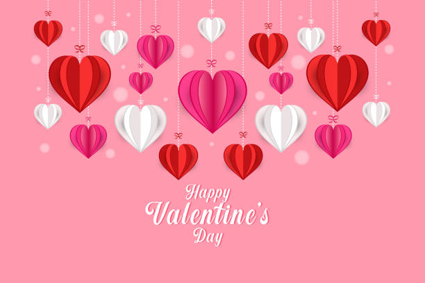 Valentines day background with hanging paper hearts Valentine's Day Hanging Hearts background Valentines Day Images stock illustrations