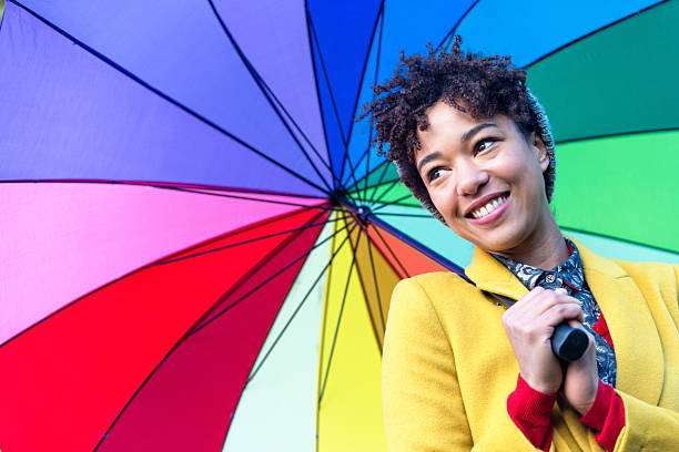 istock smiling woman carrying rainbow colored umbrella 187863949