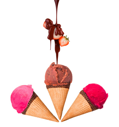 color ice creams with cone and fruits on white backgroud