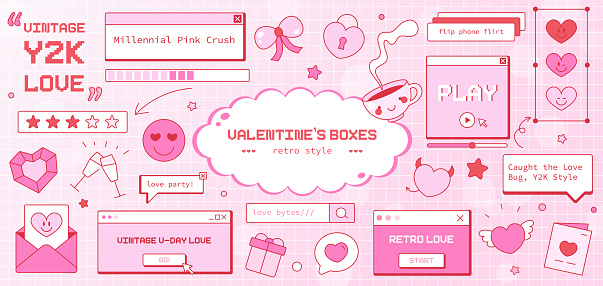 Set of Valentine's Day Love Elements in Y2K Window, Notification, Dialogue Box, Heart, Button, Cursor, Rating, Loading and Volume bars. Interface in Groovy Vaporwave 90s Aesthetics. Vector Cute Romant