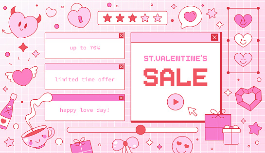 Set of Valentine's Day Love Elements in Y2K Window, Notification, Dialogue Box, Heart, Button, Cursor, Rating, Loading and Volume bars. Interface in Groovy Vaporwave 90s Aesthetics. Vector Cute Romant