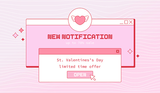 Happy Valentine's Day Sale Banner with Old Computer Elements, Windows and Cute Groovy New Year Decorations.	Heart with Wings Pattern.