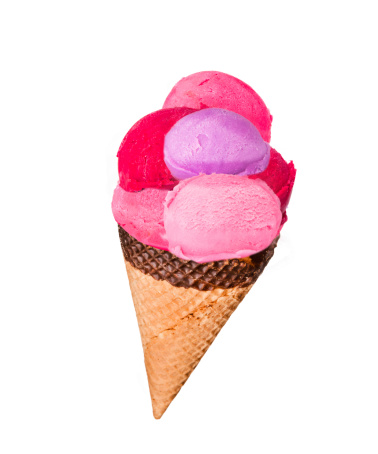 color ice creams with cone and fruits on white backgroud