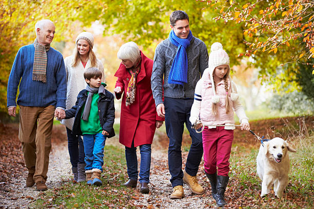 istock Multl Generation Family Walking Along Autumn Path With Dog 187876563