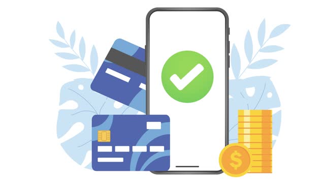Mobile Banking and Online Payment with Debit or Credit Card and Smartphone Checkmark as a payment done! Design Animation with money coin. Nobody