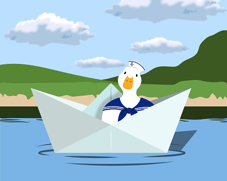 Duck sails a paper boat in the pond