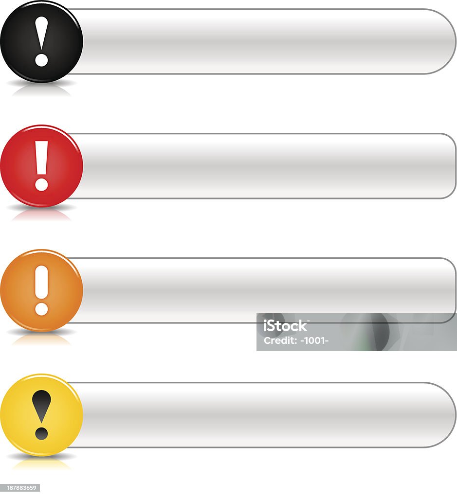 Warning icon exclamation mark glossy black red orange yellow button Glossy warning web button with exclamation mark signl. Color black red orange yellow round with shadow and gray long button on white background. Alertness stock vector