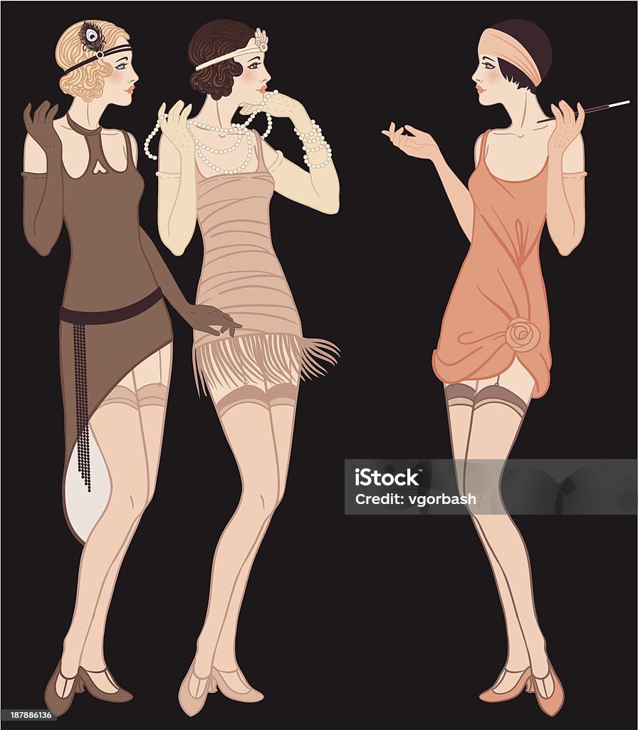 Three standing talking flapper girls (20's style): Retro fashion party 3 standing talking flapper girls (20's style): Retro fashion party 1920-1929 stock vector