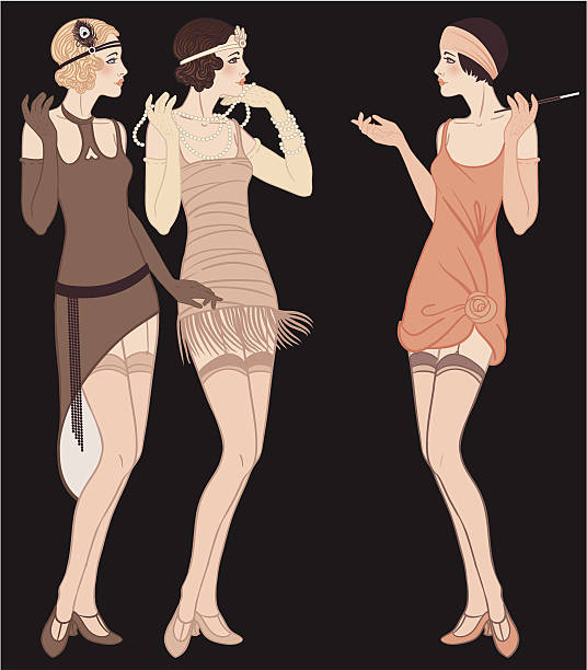 Three standing talking flapper girls (20's style): Retro fashion party 3 standing talking flapper girls (20's style): Retro fashion party art deco illustrations stock illustrations