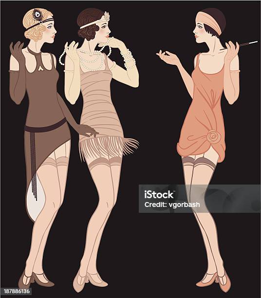 Three Standing Talking Flapper Girls Retro Fashion Party Stock Illustration - Download Image Now