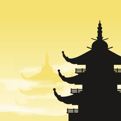 Asian Pagoda Silhouette at Dawn with yellow background and fog  EPS version 10 with transparency included in download.