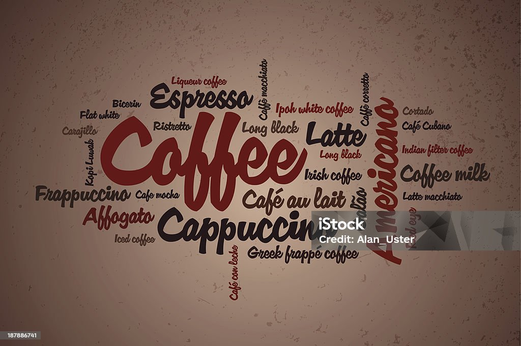 Types of coffee Words of coffee types on grunge background Coffee - Drink stock vector