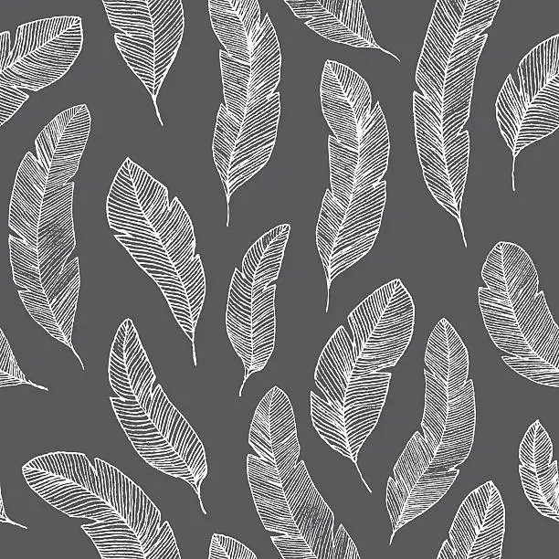 Vector illustration of White feathers on black background seamless pattern