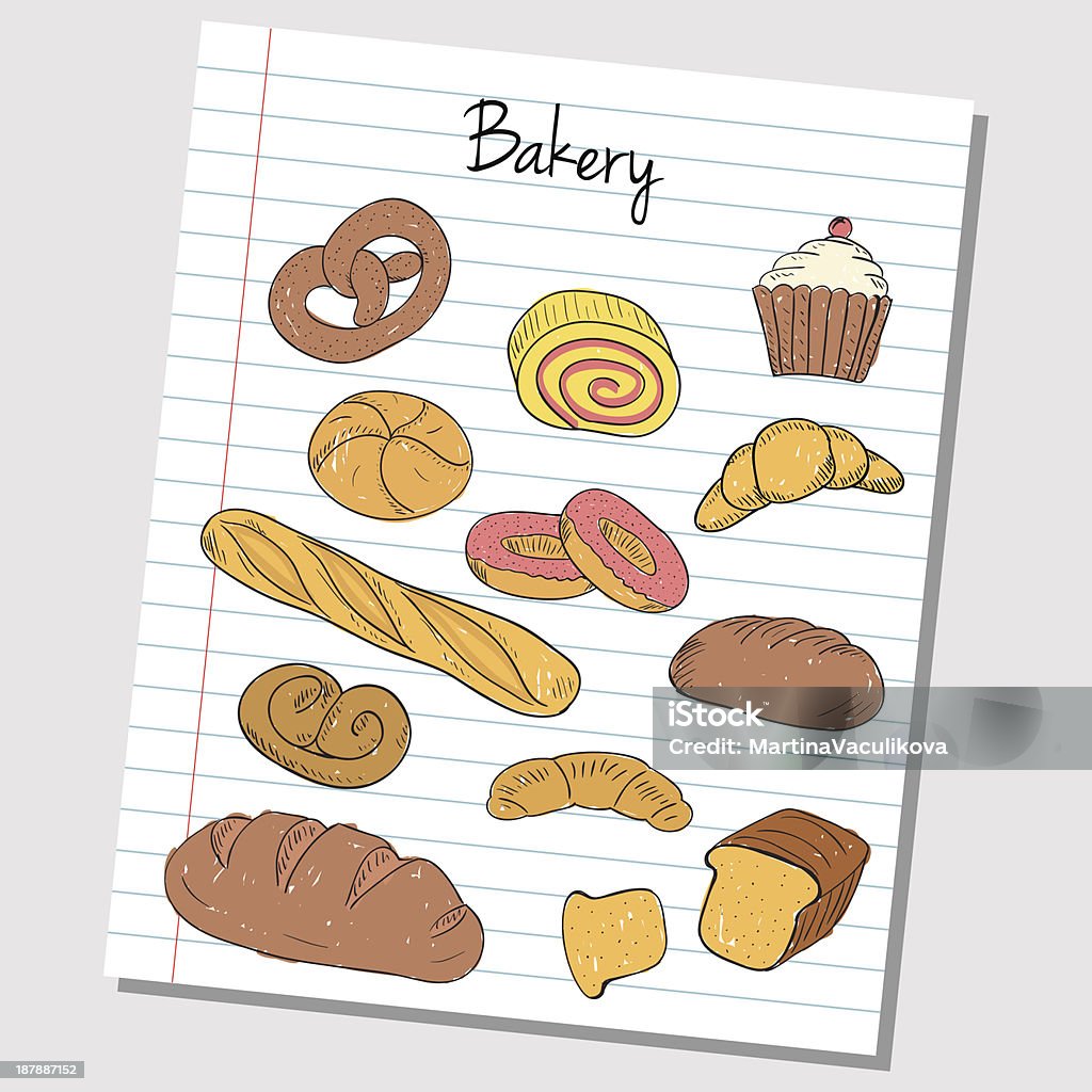 Bakery doodles - lined paper Illustration of bakery colored doodles on lined paper Bun - Bread stock vector