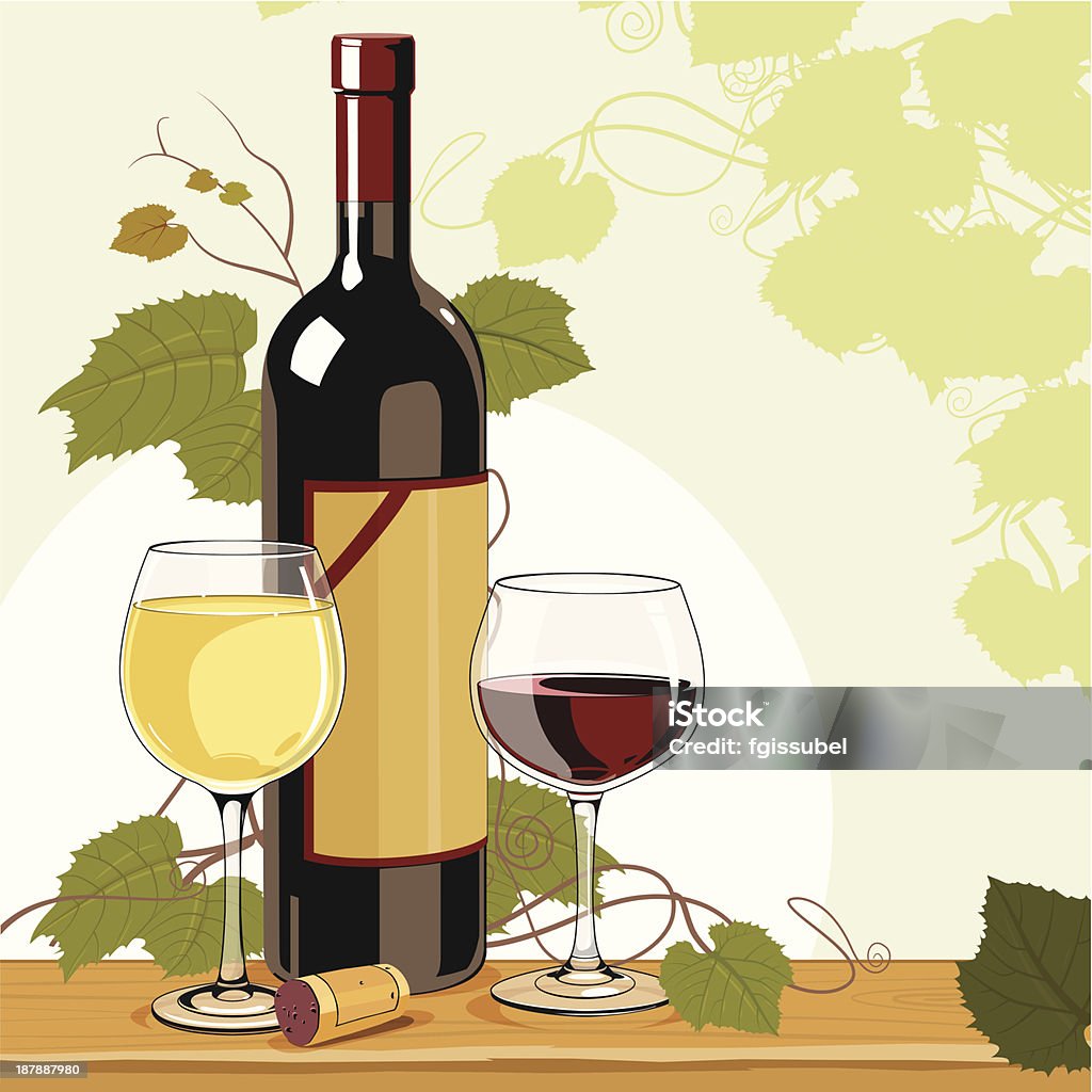 Wine Time Wine themed illustration featuring two glasses of wine, a bottle of wine, a cork, wood grain textured surface and grape vines. Red stock vector