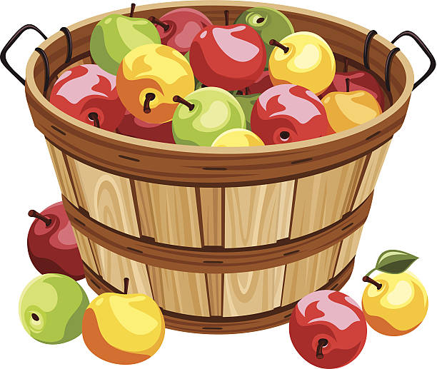 holz korb mit bunten äpfel. vektor-illustration. - herbst kollektion stock-grafiken, -clipart, -cartoons und -symbole
