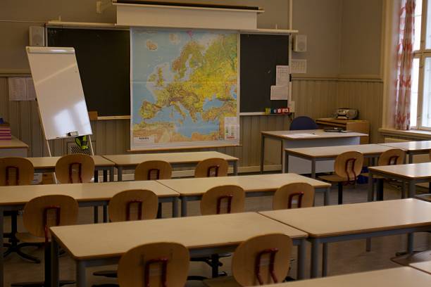 World map in a classroom stock photo