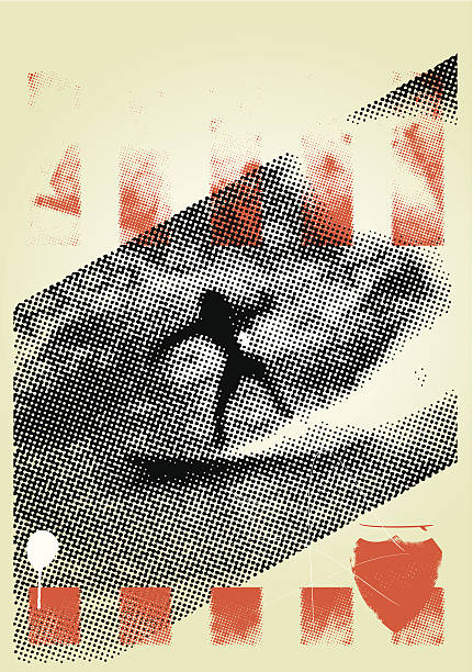 grunge surf poster with surfer in big wave vector art illustration