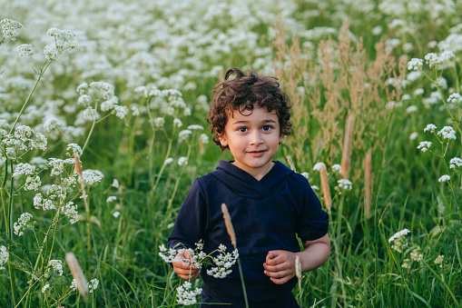 Curly-haired boy in a navy hoodie standing amidst a lush field of white wildflowers, looking at the camera with a soft smile