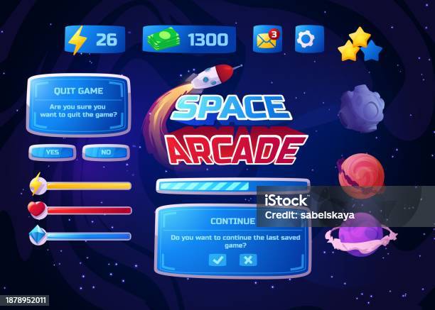 Space Arcade Game Menu Interface Vector Game Menu With Rocket Flying ...