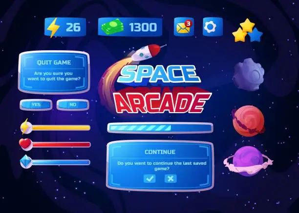 Vector illustration of Space arcade game menu interface, vector game menu with rocket flying and planets, Gui panel with assets, buttons, level