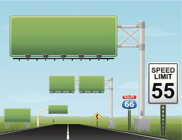 Vector illustration of Vector of blank green highway signs with speed limit of 55