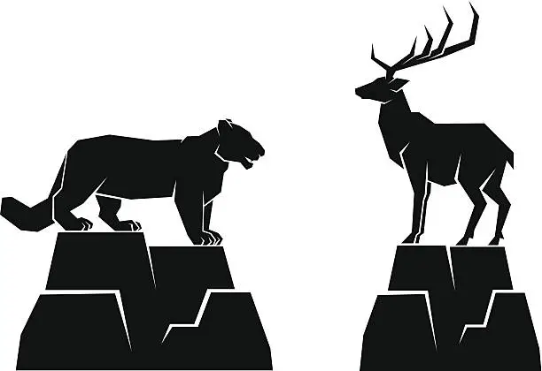 Vector illustration of deer and snow leopard on rock