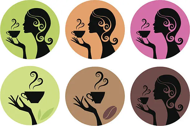 Vector illustration of woman drinking coffee and tea