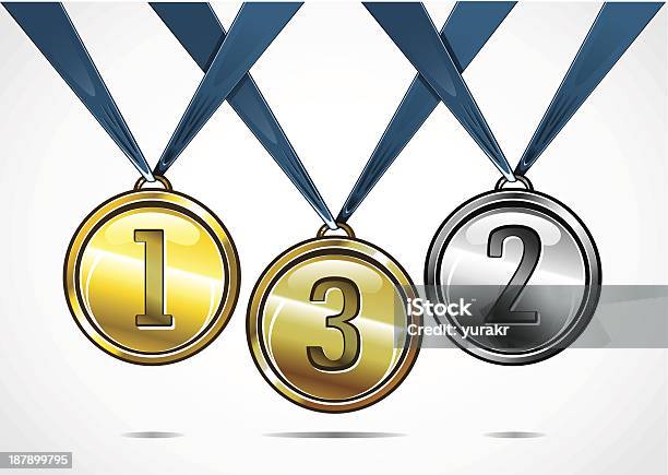 3 메달 2개 3가지 개체에 대한 스톡 벡터 아트 및 기타 이미지 - 3가지 개체, 경쟁, 금-금속