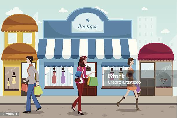 Les Boutiques Dans Le Centre Commercial En Plein Air Avec Une Cuisine Française De Style Boutique Vecteurs libres de droits et plus d'images vectorielles de A la mode