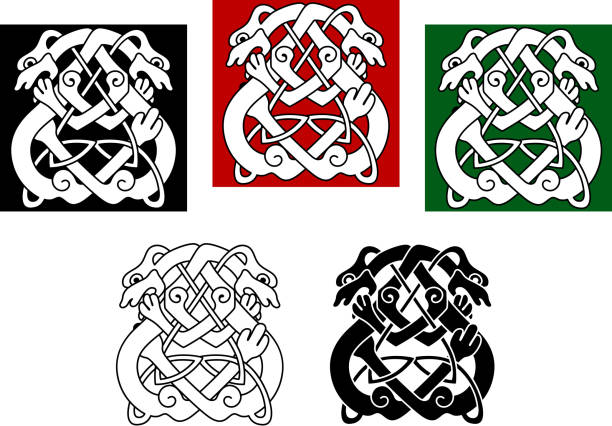 ilustraciones, imágenes clip art, dibujos animados e iconos de stock de celta perros y de los lobos - celtic style celtic culture dog spirituality