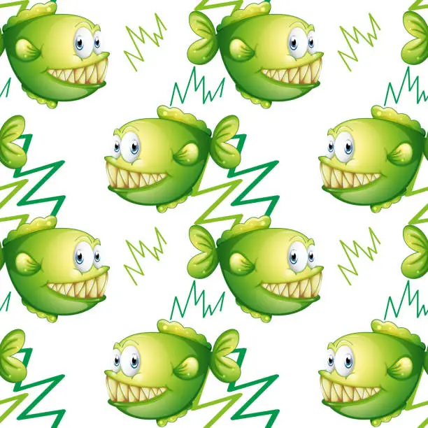 Vector illustration of Green fishes with big fangs