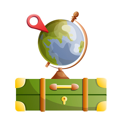 Travel around world concept. large globe standing on suitcase. geotag. Cartoon flat vector illustration isolated on white background