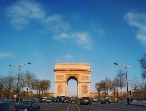 Looking along the Champs Élysées toward the Arc de Triomphe, Paris, France