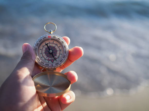 istock Close up hand holding compass with beach background 1879056466