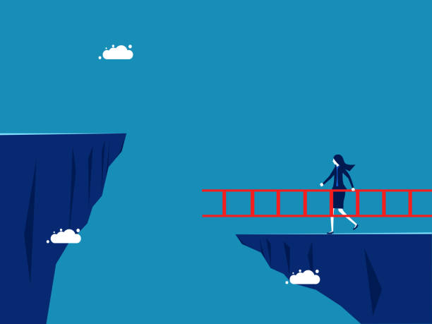 istock Challenge. Businesswoman crosses cliff with stairs. vector 1879060701
